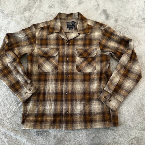 Pendleton Archives 1968 The Board Shirt Loop Collar Men's SMALL Brown Plaid Wool